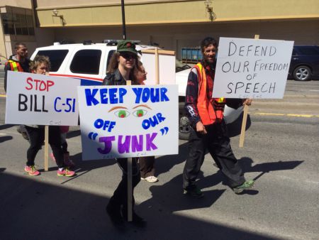 Marching against Bill C-51 in Sudbury today. (Photo by Scott Neigh)