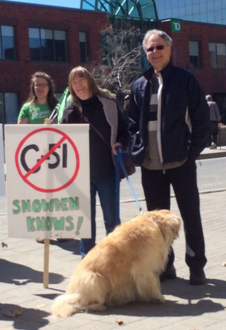 Some of the Green Party contingent at today's anti-Bill C-51 rally, including federal Green Party candidate David Robinson (in the sunglasses). (Photo by Scott Neigh)