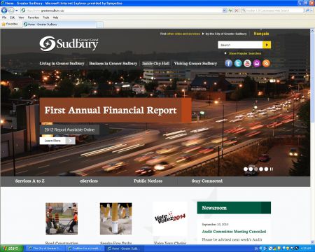 Screen shot of the home page of the revamped City of Greater Sudbury website