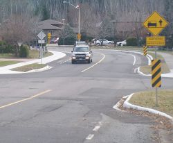 Citizens are concerned that expensive traffic calming curb extension measures such as those on Attlee Street in New Sudbury and elsewhere are intrusive and potentially dangerous for motorists and cyclists and bike lanes alone with lower speed limits would accomplish the same purpose at much lower cost, an important consideration with the current projected deficit in road construction and maintenance.  (Photo provided by John Lindsay)