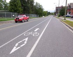 An example from Thunder Bay of a bike lane next to on-street parking.