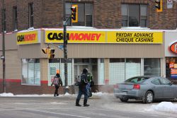 The controversial payday loan service operating at the intersection of Elm and Durham Streets in Sudbury's downtown. (Photo by Larson Heinonen)