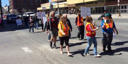 Participants setting off on the march portion of the action against Bill C-51 that took place today in Sudbury. (Photo by Scott Neigh)