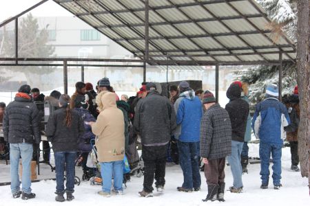 Demonstrators gathering in Memorial Park in downtown Sudbury for last Friday's Solidarity Against Austerity rally and march. (Photo by Larson Heinonen)