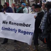 The action was dedicated to the memory of Kimberly Rogers, a Sudbury woman who in the late 1990s was "killed by ... policies that attack the poor and vulnerable," according to Sudbury activist Laurie McGauley. (Photo by Scott Neigh)